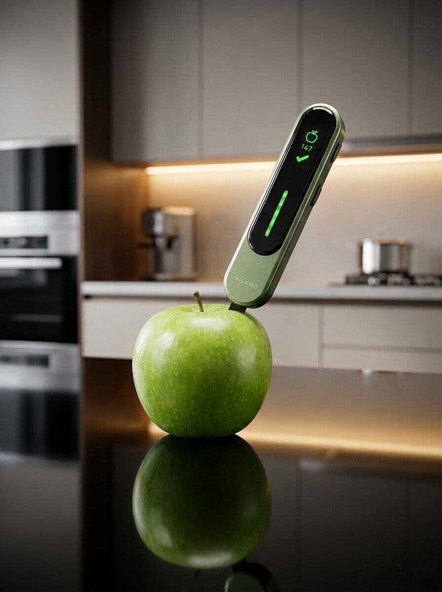 Измеритель качества продуктов Milerd EcoTracker проверяет яблоко на кухне