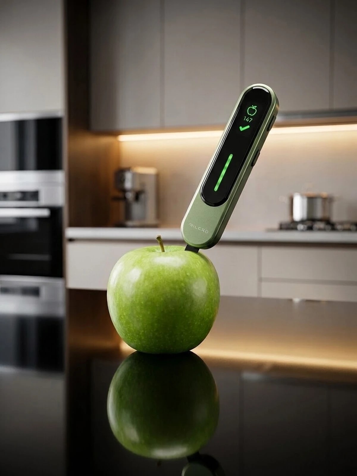 Измеритель качества продуктов Milerd EcoTracker проверяет яблоко на кухне