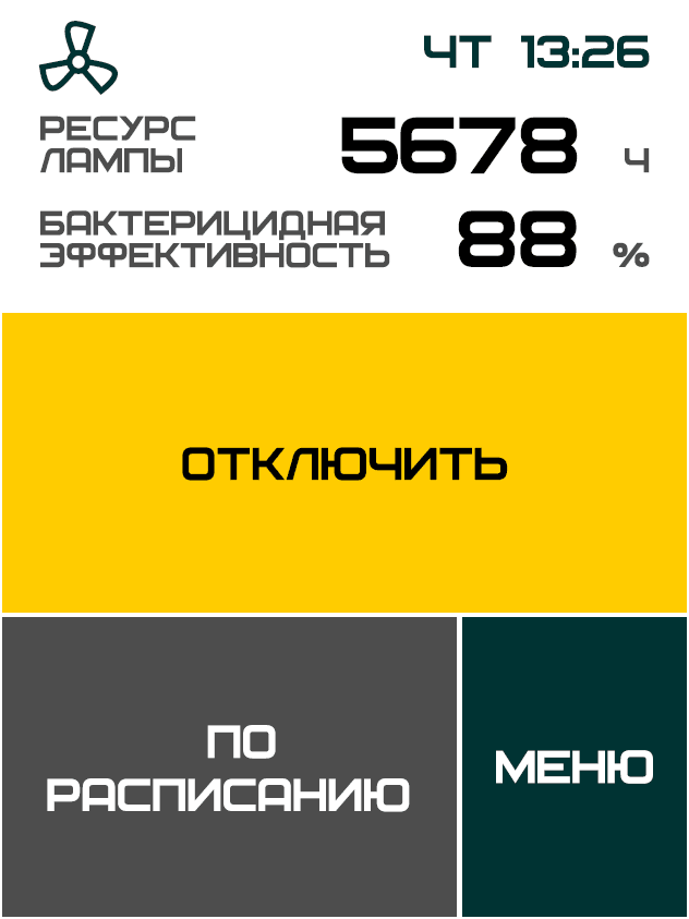 Главный экран включённого рециркулятора