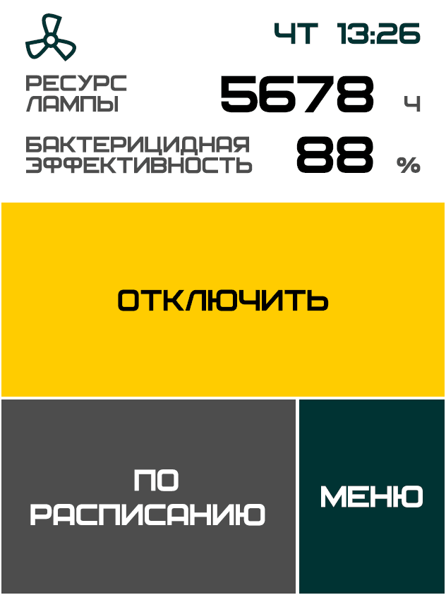 Главный экран включённого рециркулятора