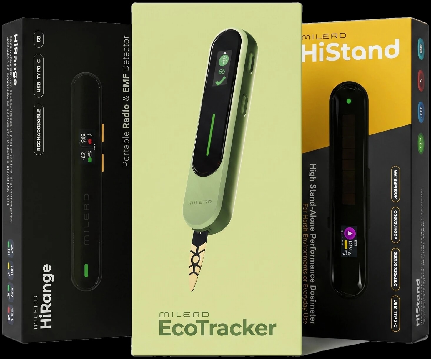 Комплект приборов безопасности Milerd: HiRange, EcoTracker и HiStand S в упаковках